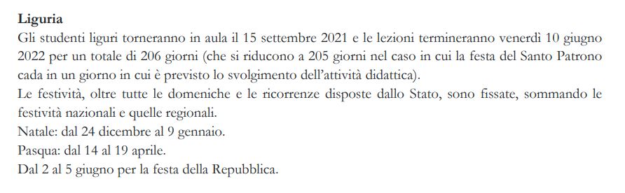 Calendario scolastico Regione Liguria 2021 2022
